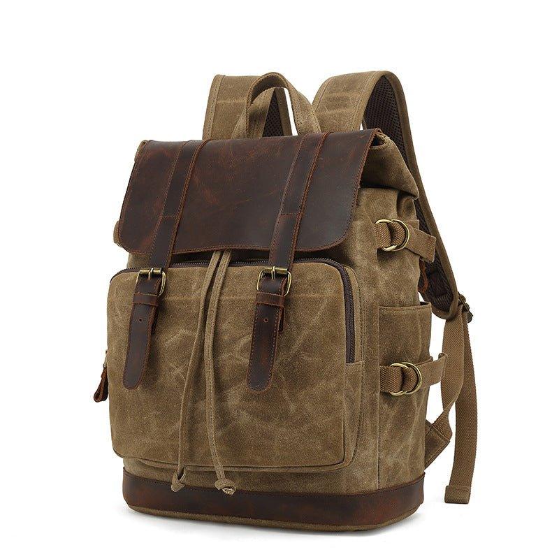 Vintage Leather and Canvas Backpack Rucksack, Khaki