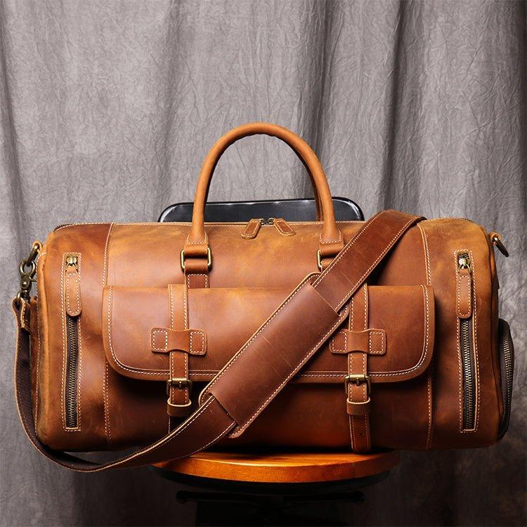 Men's Leather Duffel Bag 22 inch with Shoe Pocket, Brown Men's Leather Duffel Bag 22 inch with Shoe Pocket, Brown