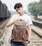 Vintage Mens Leather Backpack Drawstring Travel - Woosir