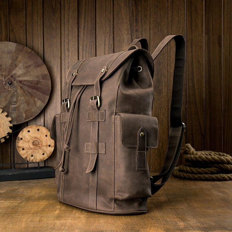 backpack travel mens Vintage Mens Leather Backpack Drawstring Travel, Brown