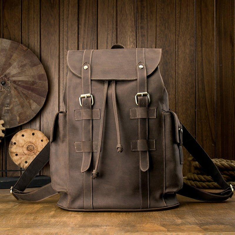 backpack buckles travel drawstring Vintage Mens Leather Backpack Drawstring Travel, Brown