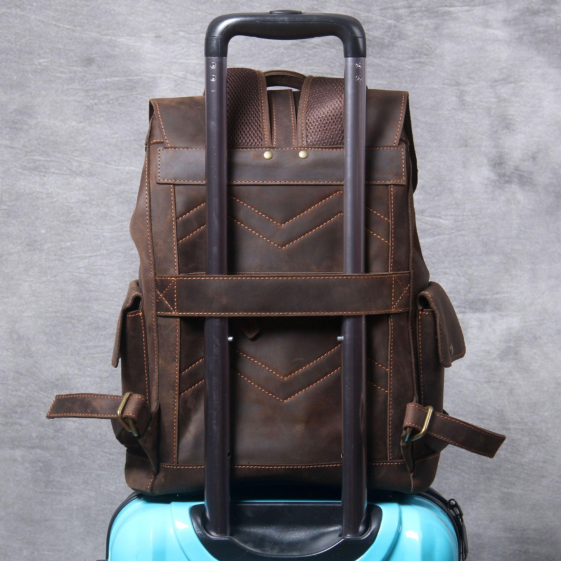 backpack with travel sleeve Vintage Leather Backpacks Travel with Trolley Sleeve