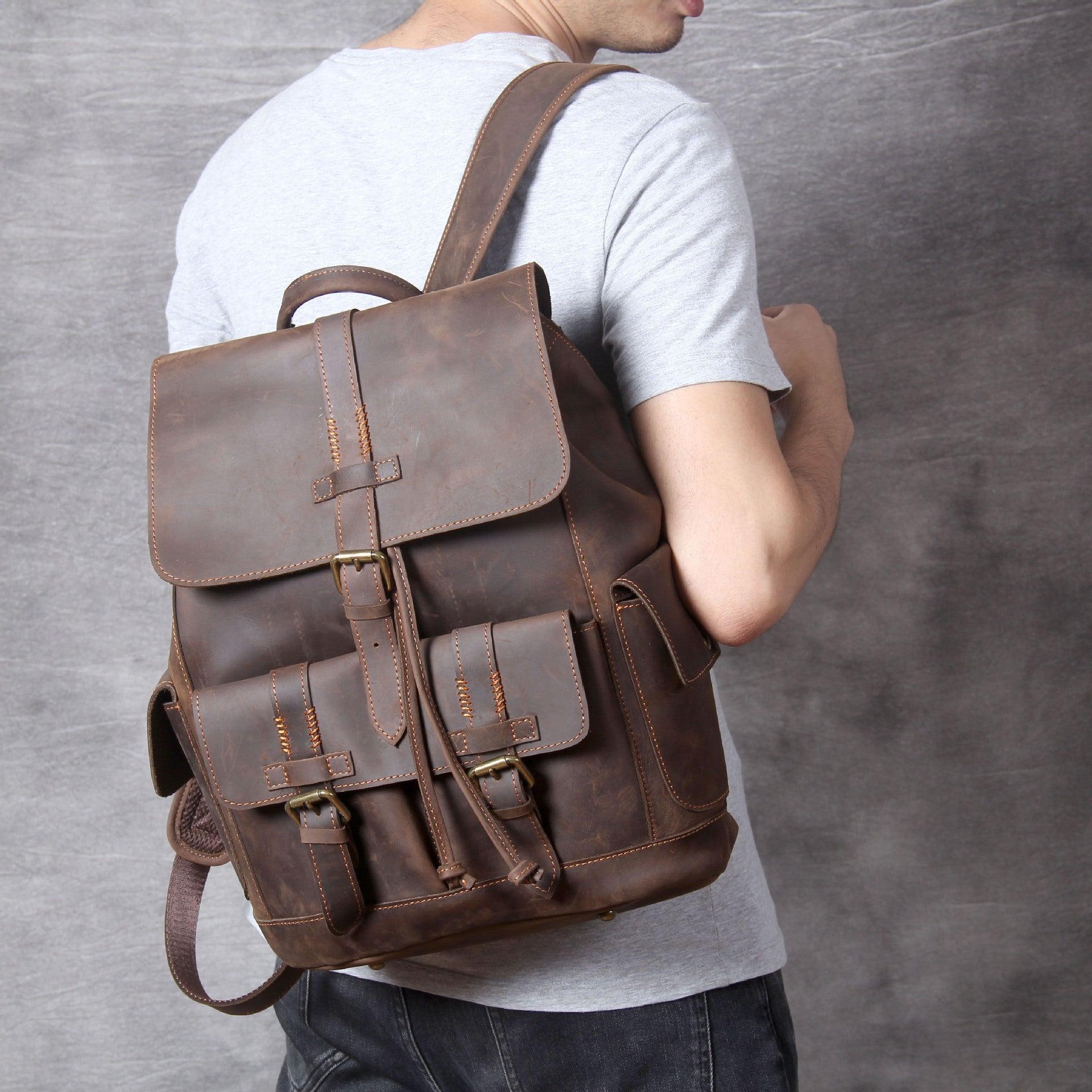 buckle-flap leather backpack berchirly vintage large travel backpacks Vintage Leather Backpacks Travel with Trolley Sleeve