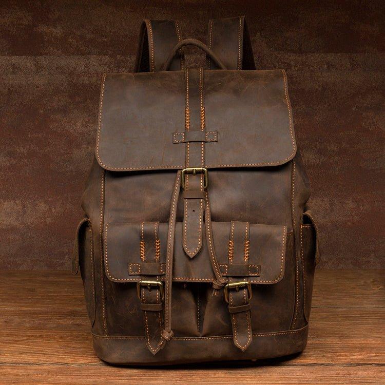 buckle-flap leather backpack berchirly vintage large travel backpacks Vintage Leather Backpacks Travel with Trolley Sleeve, Dark Brown / M