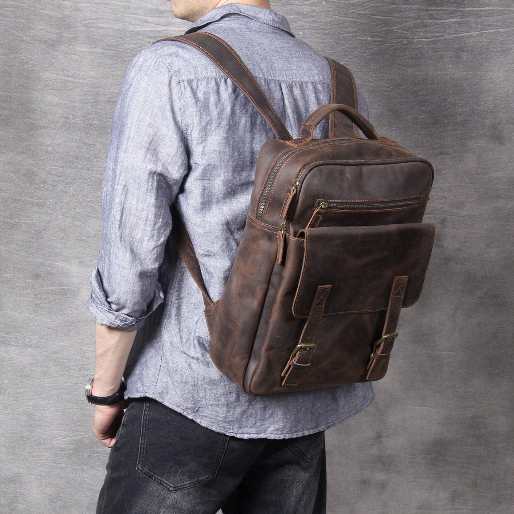 Mens Leather Laptop Backpack for Business - Woosir