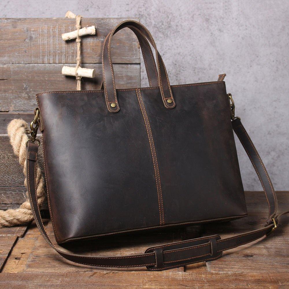 Woosir Mens Leather Laptop Briefcase Handbag Dark Brown - Woosir