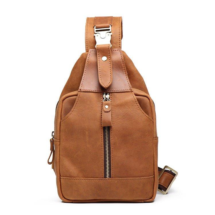 chest backpack leather Men's Leather Sling Bag Chest Shoulder Backpack