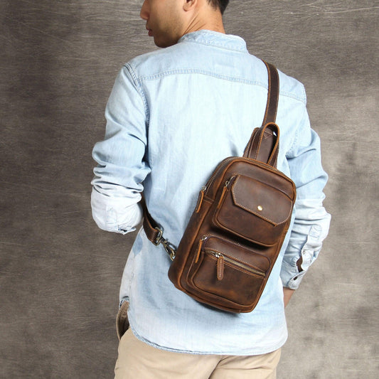 Mens Single Strap Backpack Leather Chest Bag - Woosir