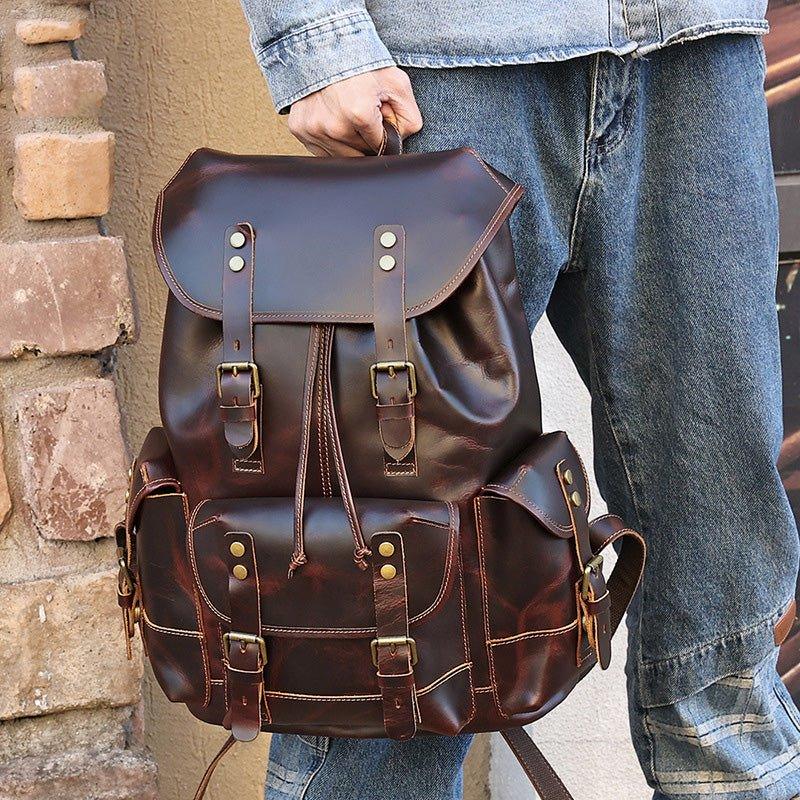 70s leather backpack men Woosir Men's Vintage Leather Backpack for 17 Inch Laptop