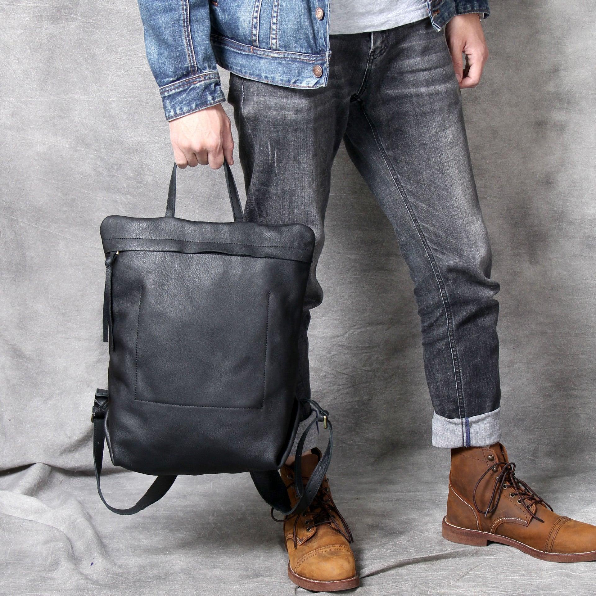 black leather backpack men minimal Woosir Minimalist Leather Backpack for Men