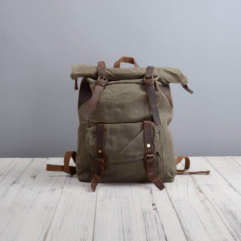 canvas leather backpack ebay Waxed Canvas Vintage Backpack Roll Top Rucksack, Black
