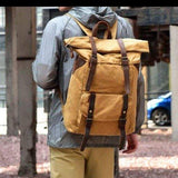 Waxed Canvas Vintage Backpack Roll Top Rucksack - Woosir