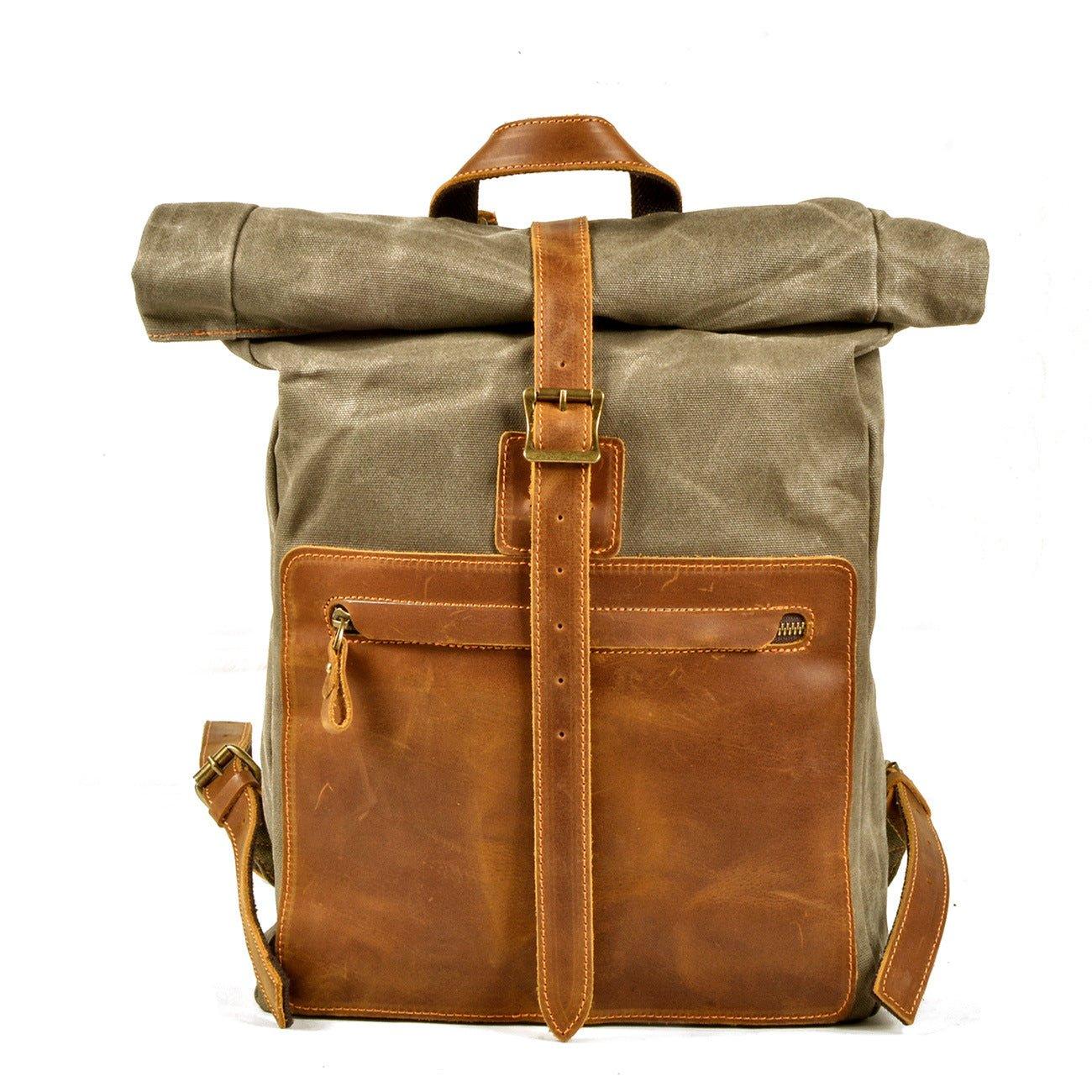 canvas leather backpack wholesale Roll Top Vintage Backpack Canvas with Laptop Sleeve, Army green