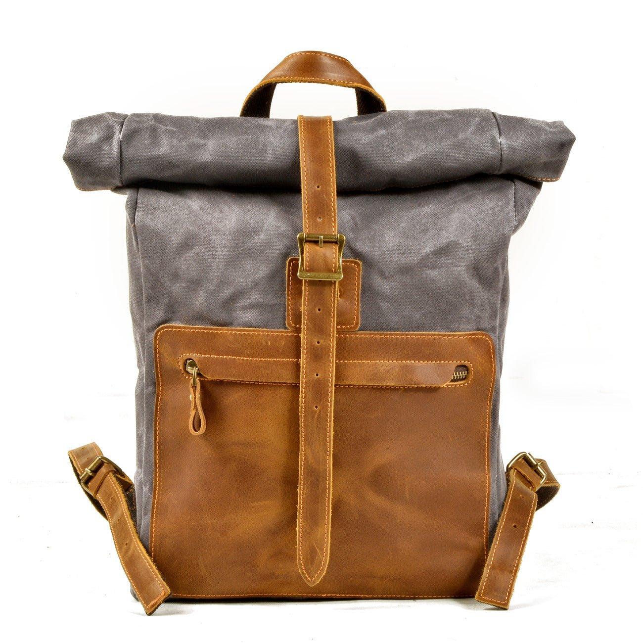 canvas leather roll top backpack Roll Top Vintage Backpack Canvas with Laptop Sleeve, Grey