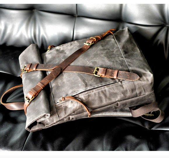 Mens Roll Top Canvas Backpack Vintage Rucksack - Woosir