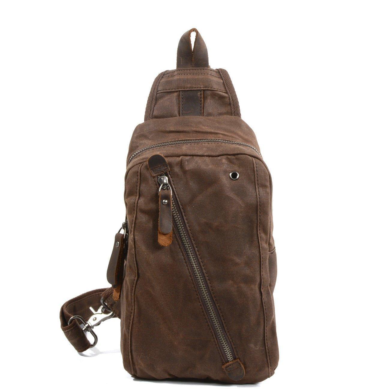 cross shoulder backpack leather Woosir Sling Backpack Mens Waxed Canvas Crossbody Bag, Coffee