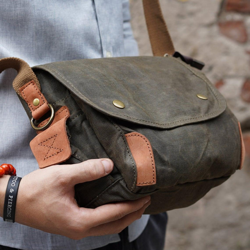 Small Messenger Bag Waxed Canvas Mens - Woosir