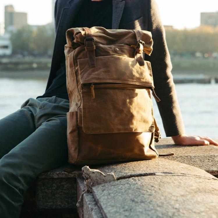 Vintage Waxed Canvas Backpack Roll Top Travel