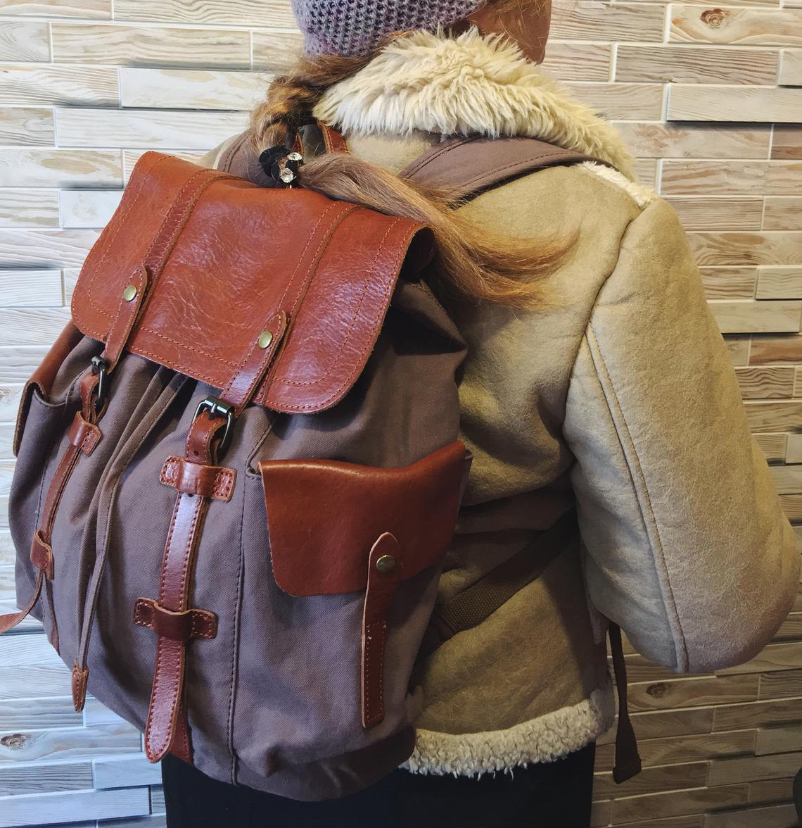 Vintage Backpack Leather Canvas - Woosir