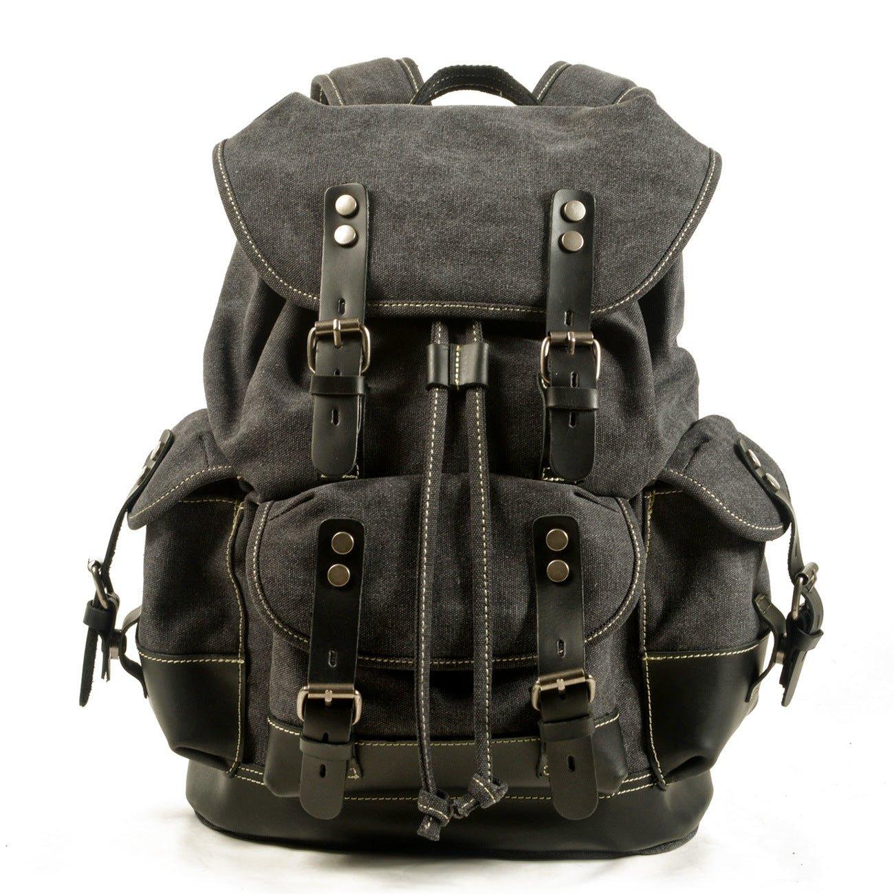 Vintage Waxed Canvas Backpack Waterproof for Men, Dark Grey with Black leather