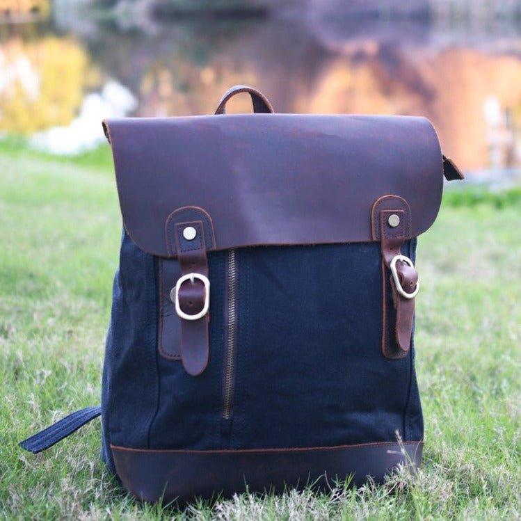Vintage Leather and Canvas Backpack for Mens - Woosir