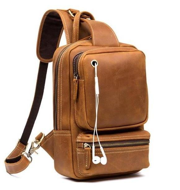 Mens Sling Bag for Mens in Leather, Light Brown