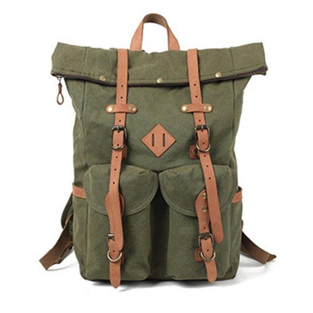 Vintage Mens Canvas Backpack Leather for Men, Army Green