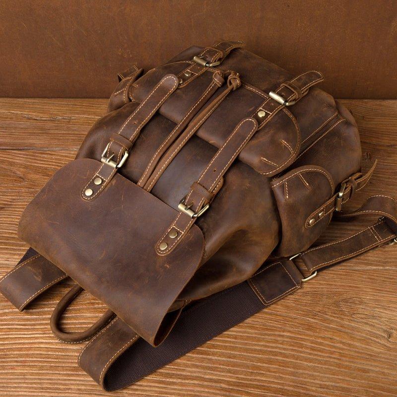 Mens Vintage Leather Backpack Drawstring - Woosir