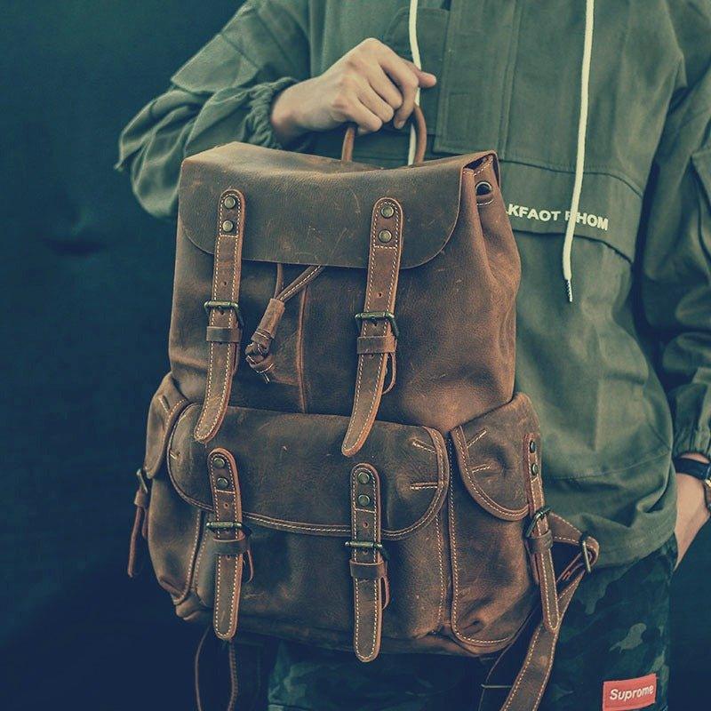 Large Mens Vintage Leather Backpack for Laptop - Woosir