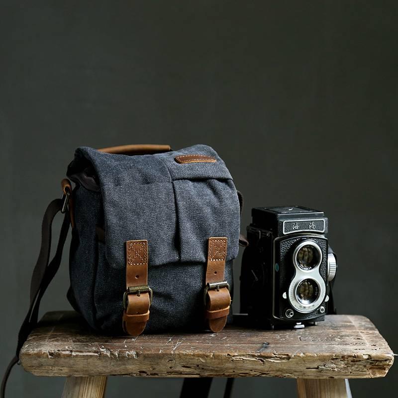 Vintage Canvas Leather Trim Shockproof Camera Messenger Bag - Woosir