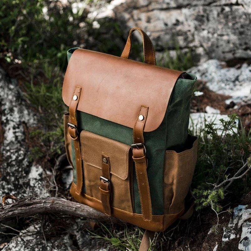 canvas leather vintage backpack Genuine & inch laptop in a padded sleeve Waterproof Retro Backpack, Army Green