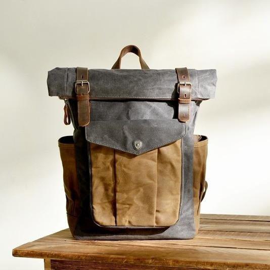 canvas leather trim backpack Vintage Roll Top Canvas Backpack Rucksack Travel Men Women