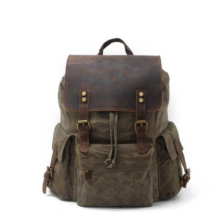 classic canvas leather backpack Vintage Waxed Canvas and Leather Backpack Rucksack Travel, Army Green