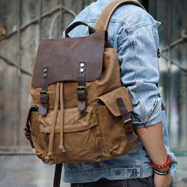 Vintage Waxed Canvas and Leather Backpack Rucksack Travel - Woosir