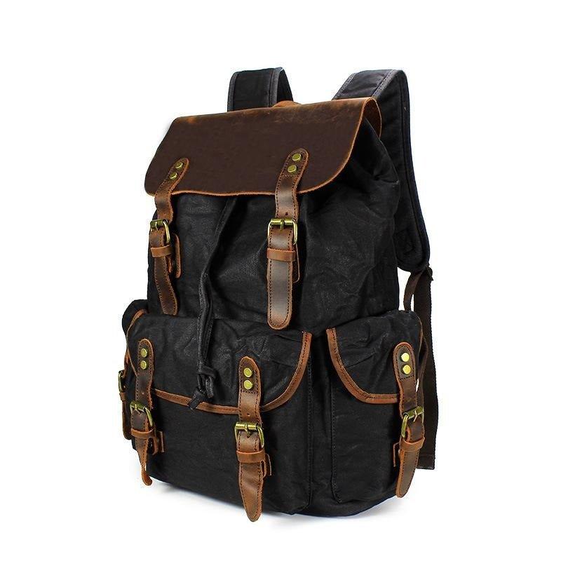 canvas backpack leather trim Vintage Waxed Canvas and Leather Backpack Mens, Black