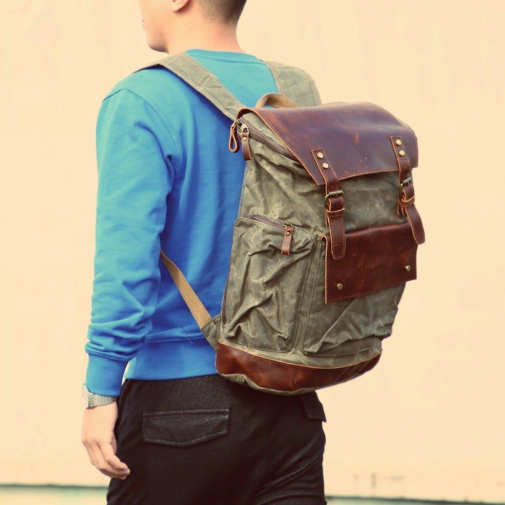 Vintage Backpack Waxed Canvas and Leather for Men - Woosir