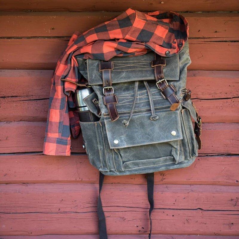 Handmade Genuine Green Leather and Waxed Canvas Backpack for 