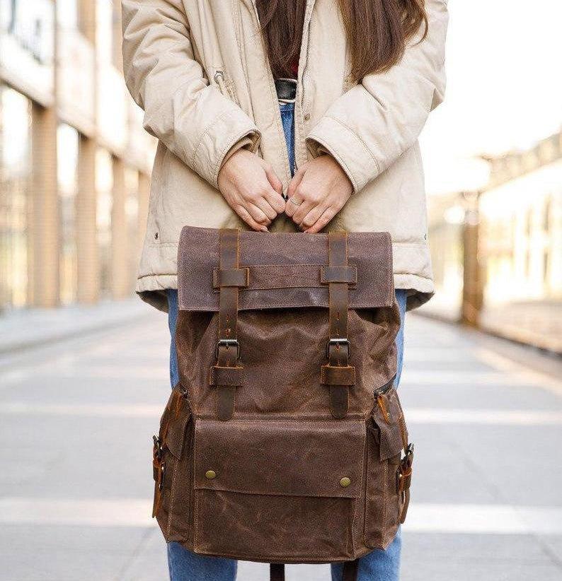 canvas and leather backpack mens Mens Waxed Canvas Backpack Rucksack Vintage, Army green (D#DLDVDX8)