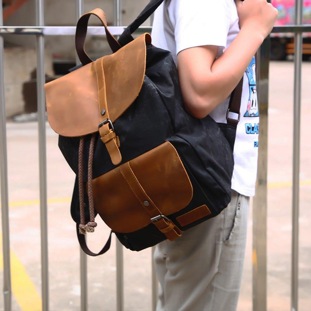 black leather canvas backpack Waxed Canvas Backpack Laptop Rucksack Mens Women, Black
