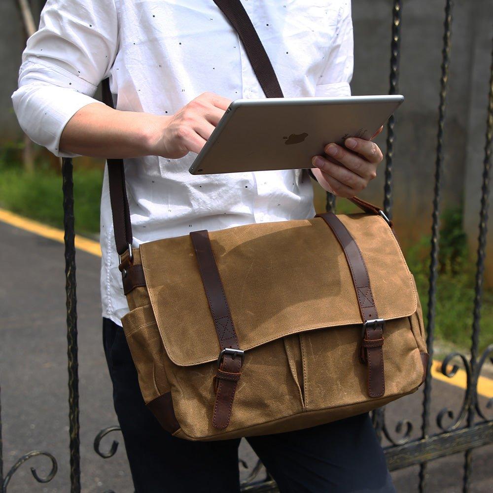 Mens Waterproof Canvas Messenger Bag for 14 Inch Laptop