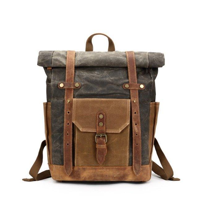 american crew canvas leather strap backpack Roll Top Waxed Canvas Backpack Mens, Army Green