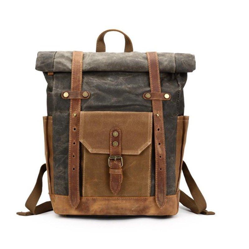 canvas and leather foldover backpack Roll Top Waxed Canvas Backpack Mens, Dark Grey
