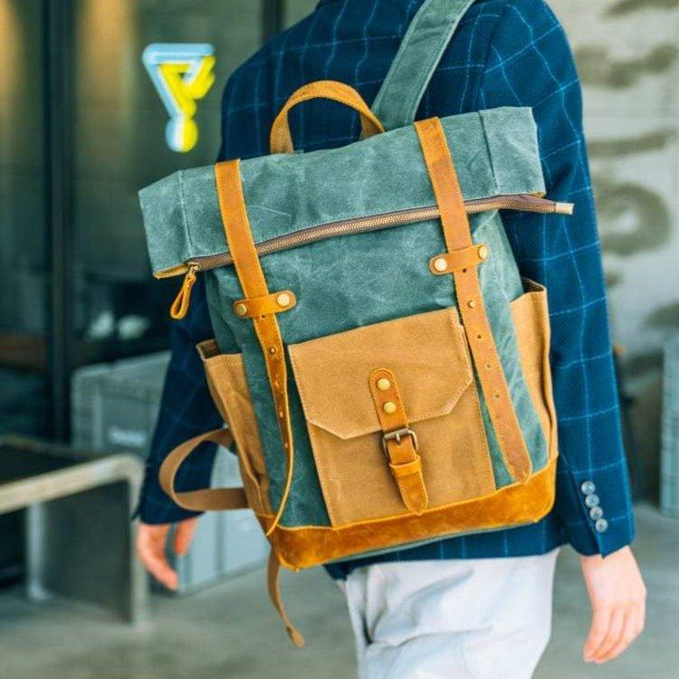 Waxed Canvas Backpack Roll Top Leather Details Green Canvas 