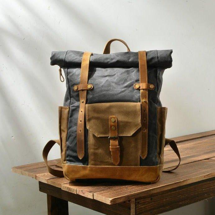 Men's Military Roll-Top Oil Wax Canvas Backpack, Burgundy