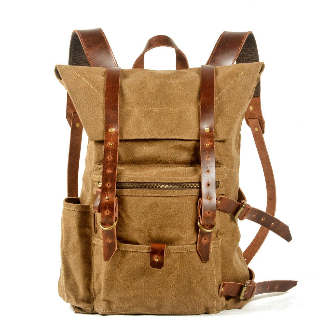 camping backpack leather Large Waxed Canvas Hiking Backpack Rucksack Mens, Khaki