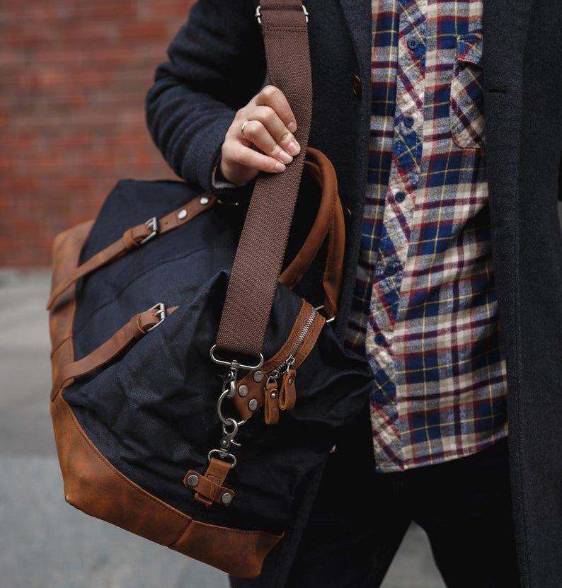 Fashion Men Travel Tote Bags Leather Plaid Trips Handbags Travel