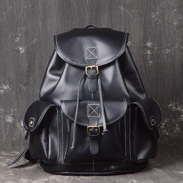 blck leather backpack Mens Vintage Leather Backpack Drawstring, Black